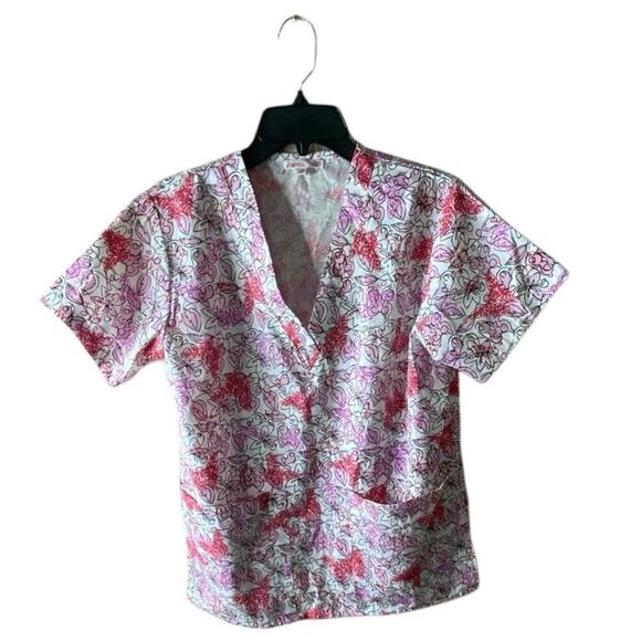 Delta Uniform Abstract Floral Top Womens XS V-Neck Short Sleeve AOP Workwear - Picture 3 of 7